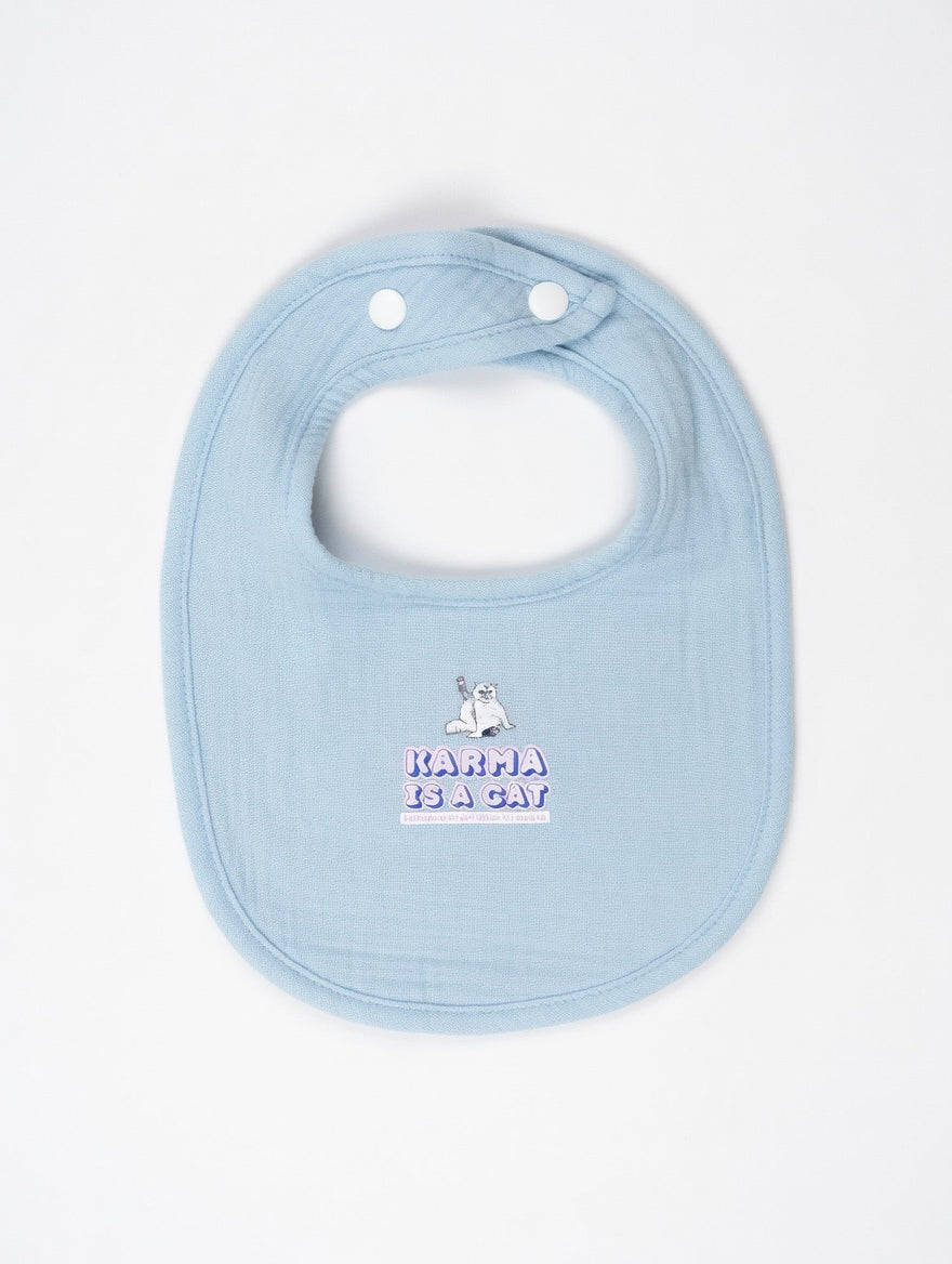 Light blue baby bib with a brand logo on a white background