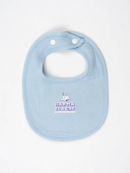 Light blue baby bib with a brand logo on a white background