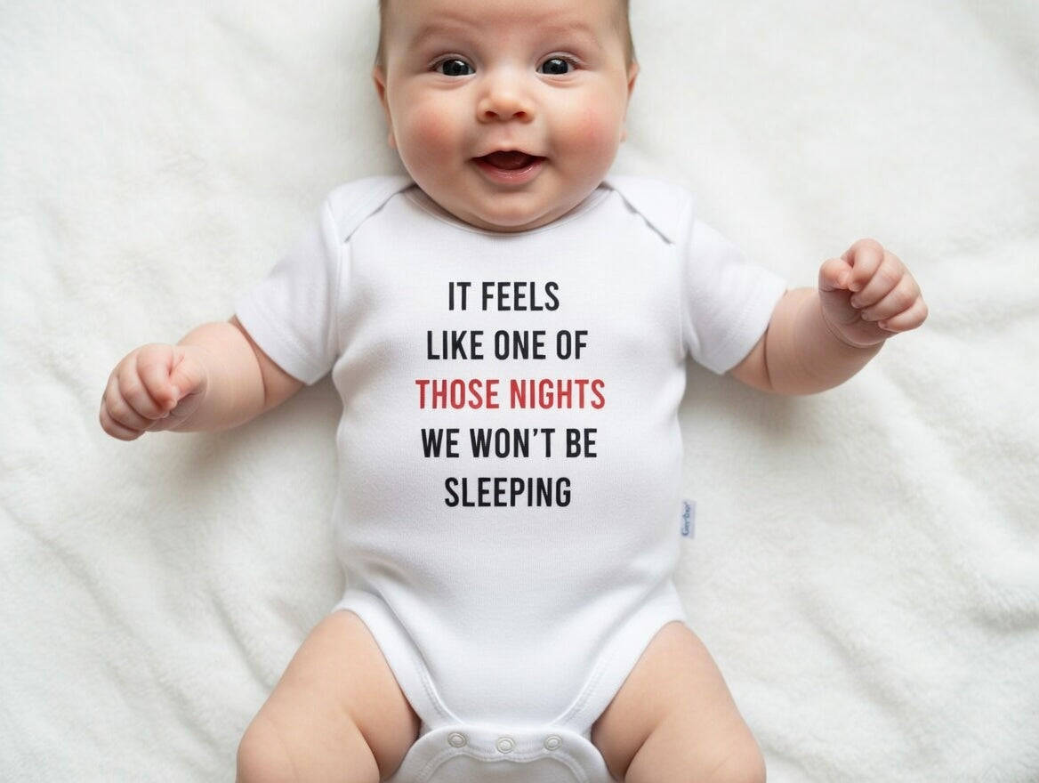 Baby wearing a onesie with text on a white background