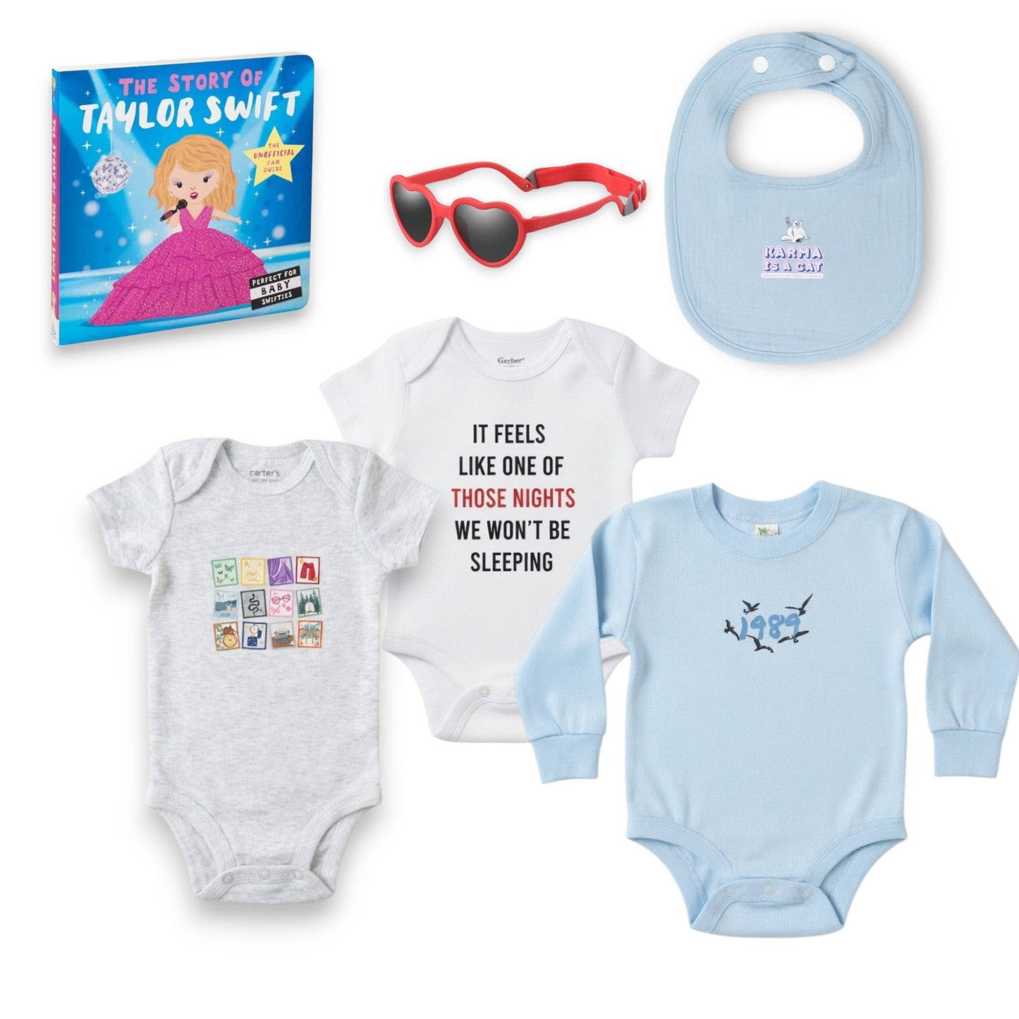 Collection of baby clothing and accessories including onesies, a bib, and sunglasses on a white background.