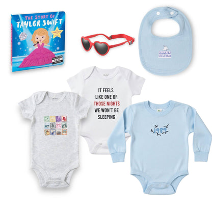 Collection of baby clothing and accessories including onesies, a bib, and sunglasses on a white background.