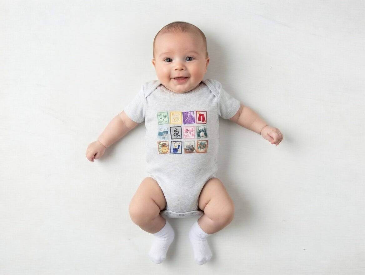 Baby wearing a white onesie with colorful graphics on a light gray background