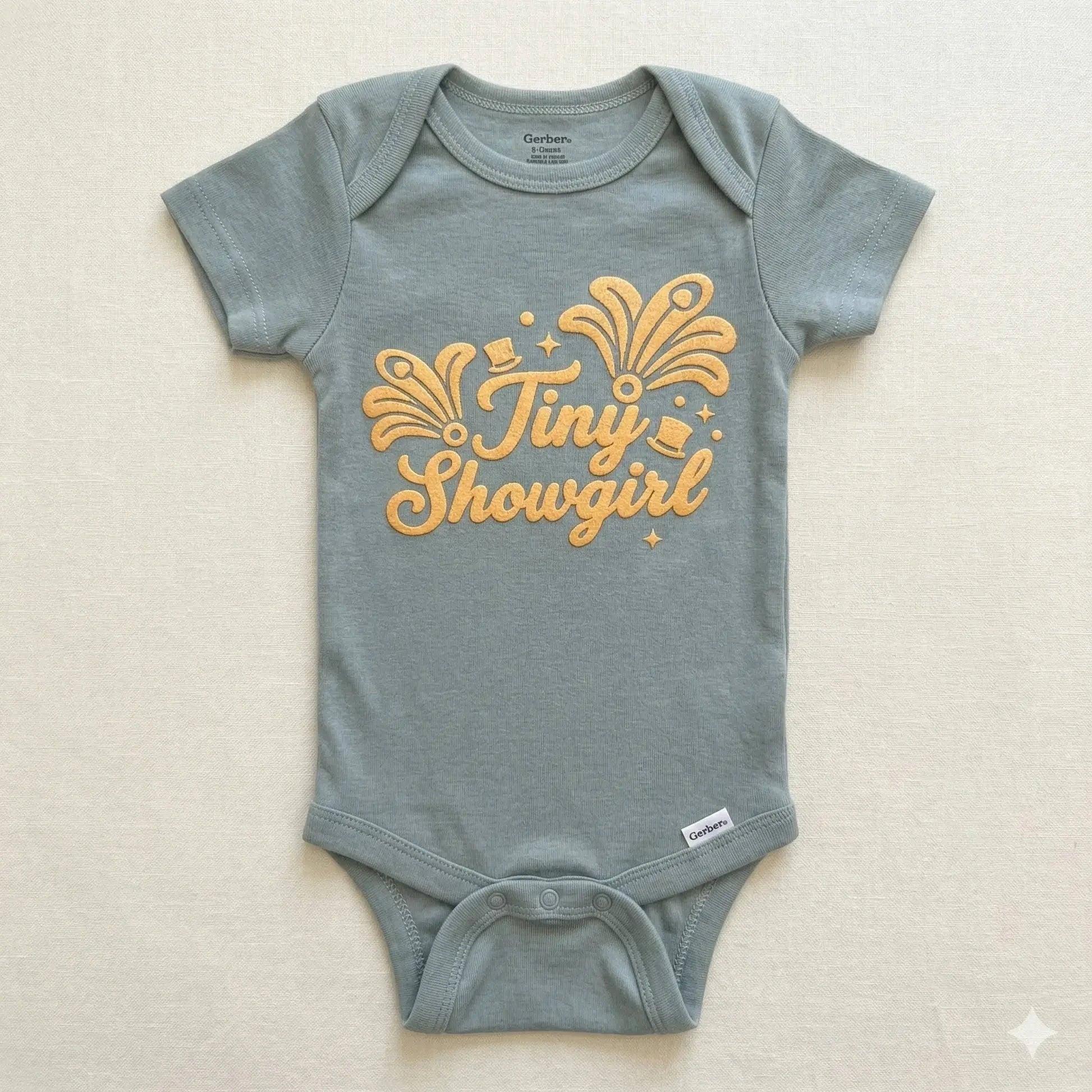 Gray baby onesie with 'Tiny Showgirl' text on a beige background