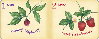 Illustrated book page with raspberries and strawberries labeled 'one yummy raspberry' and 'two sweet strawberries'.