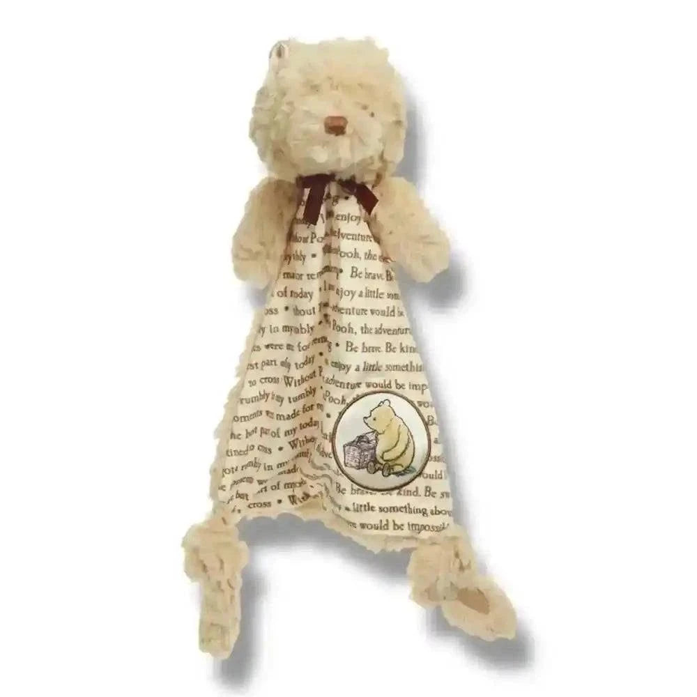 Soft Winnie the Pooh security blanket with storybook print, perfect for baby showers and gentle cuddles