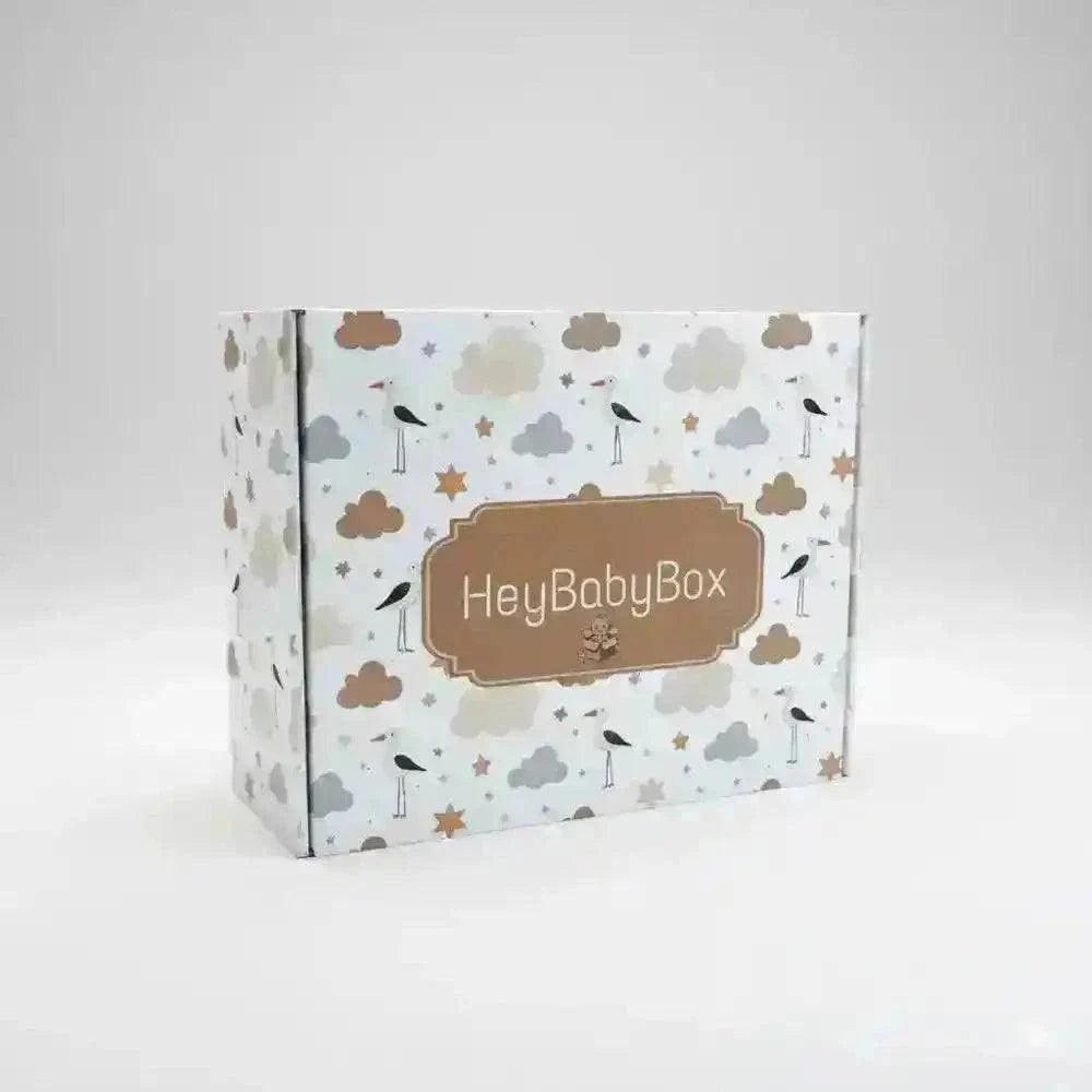 HeyBabyBox gift box with stork, cloud, and star pattern for baby showers and themed children's gifts