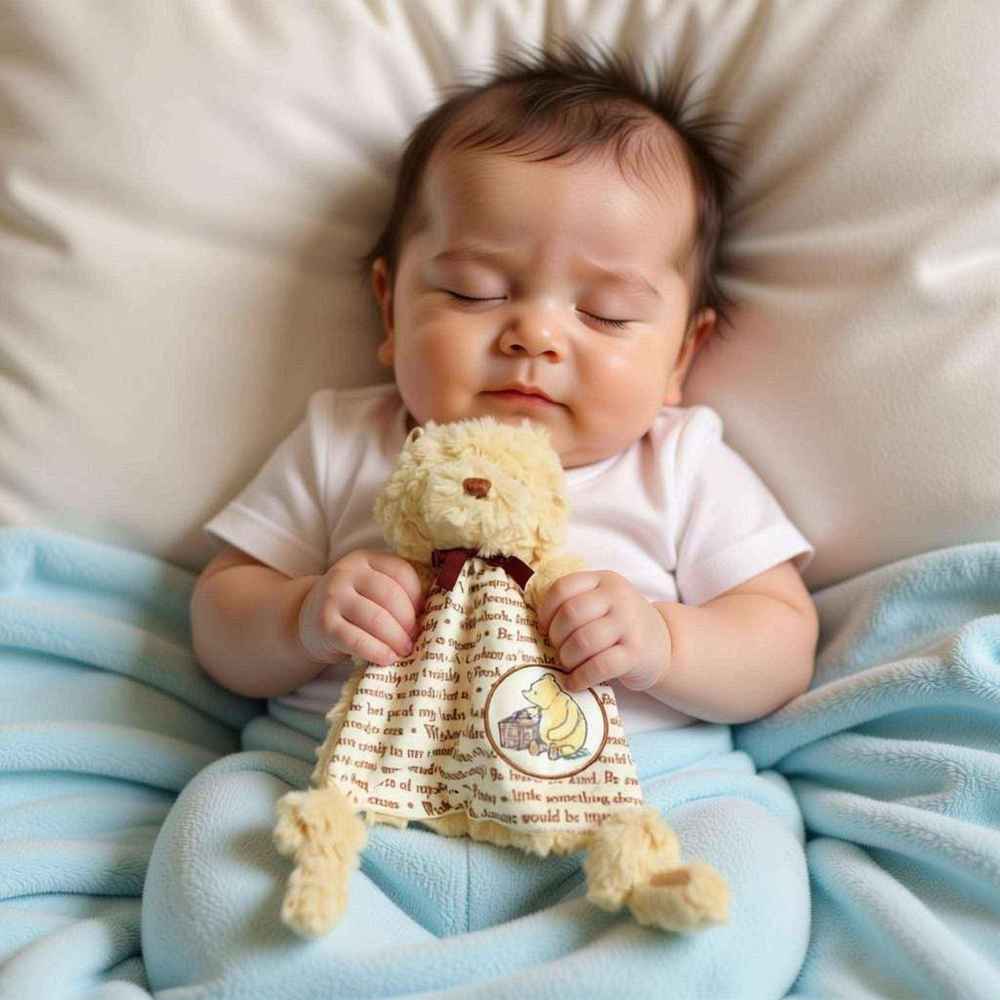 Sleeping baby holding Winnie the Pooh plush toy wrapped in blue blanket