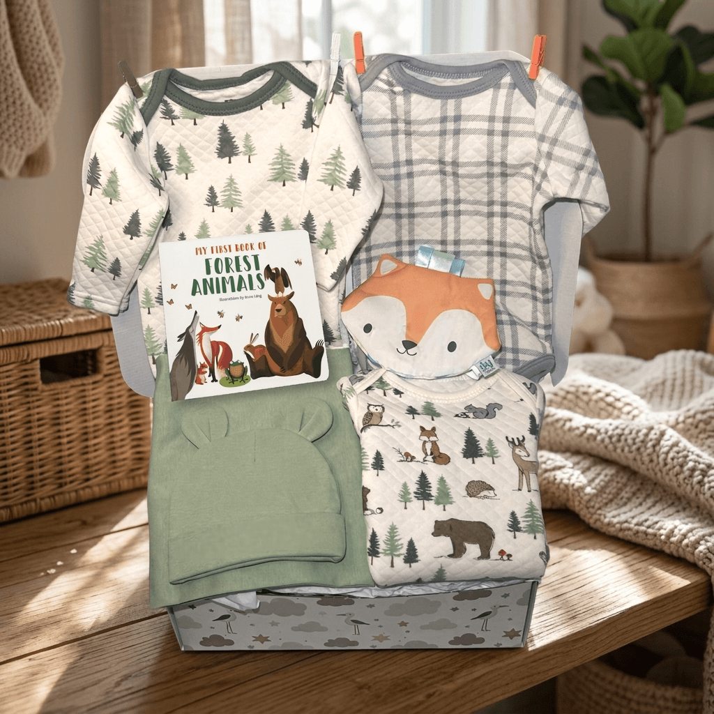 Baby clothing set with forest-themed designs on a wooden surface.