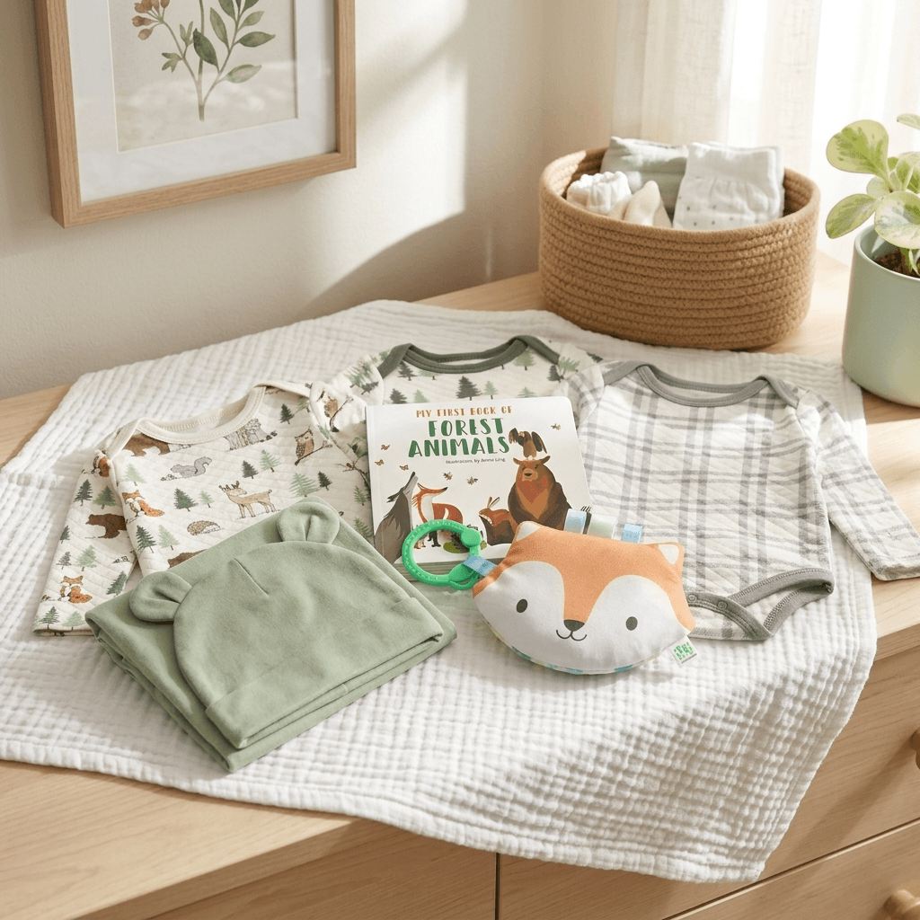 Baby items including clothes, a blanket, and toys on a wooden surface with a basket and plant in the background.