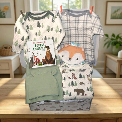 Quilted Forest Animals Onesie&nbsp;
Quilted Forest Tree Onesie
Quilted Grey Plaid Onesie
Sage Green Swaddle Blanket
Sage Green Coordinated Bear Hat
Soft Crinkle Fox Stroller Toy
Book: "My First Book of Forest Animals"