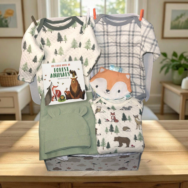 Quilted Forest Animals Onesie&nbsp;
Quilted Forest Tree Onesie
Quilted Grey Plaid Onesie
Sage Green Swaddle Blanket
Sage Green Coordinated Bear Hat
Soft Crinkle Fox Stroller Toy
Book: "My First Book of Forest Animals"