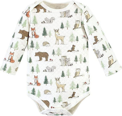 Quilted Forest Animals Onesie&nbsp;
Quilted Forest Tree Onesie
Quilted Grey Plaid Onesie
Sage Green Swaddle Blanket
Sage Green Coordinated Bear Hat
Soft Crinkle Fox Stroller Toy
Book: "My First Book of Forest Animals"