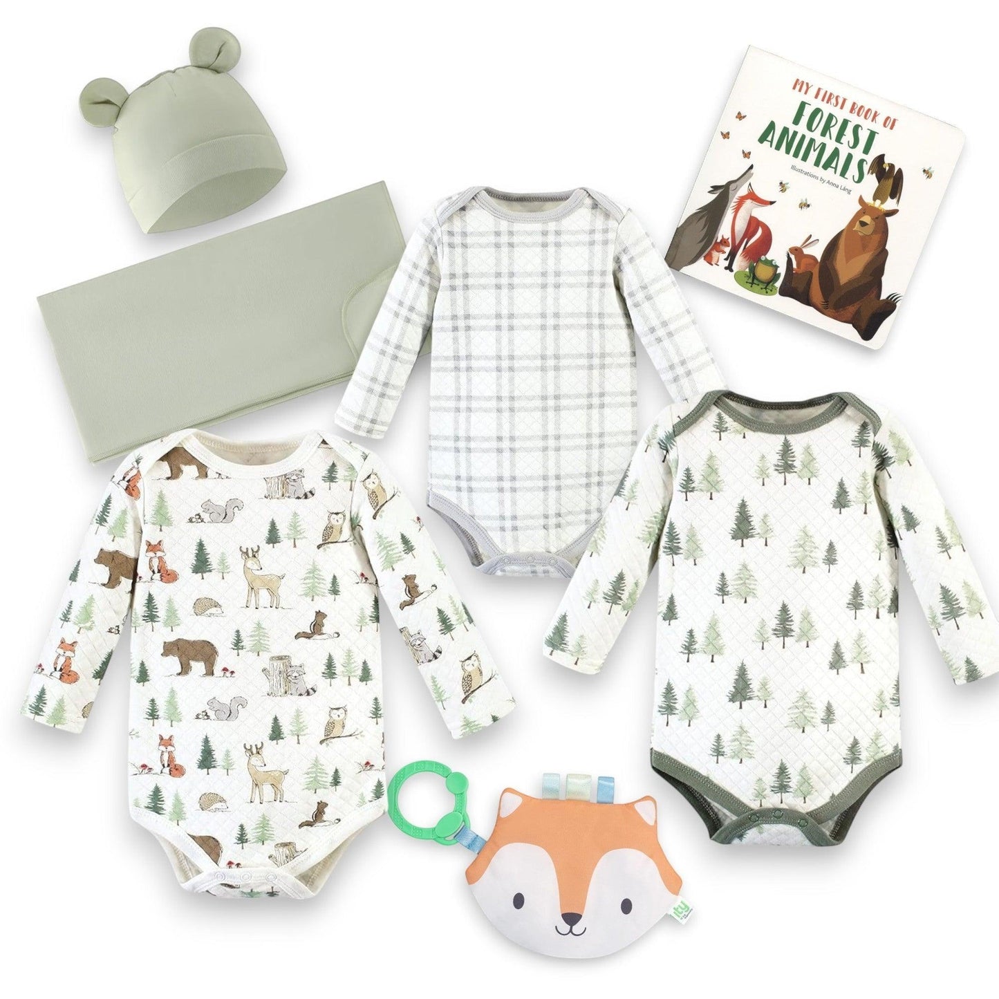Quilted Forest Animals Onesie&nbsp;
Quilted Forest Tree Onesie
Quilted Grey Plaid Onesie
Sage Green Swaddle Blanket
Sage Green Coordinated Bear Hat
Soft Crinkle Fox Stroller Toy
Book: "My First Book of Forest Animals"