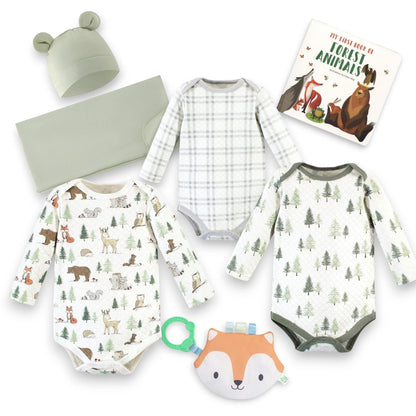 Quilted Forest Animals Onesie&nbsp;
Quilted Forest Tree Onesie
Quilted Grey Plaid Onesie
Sage Green Swaddle Blanket
Sage Green Coordinated Bear Hat
Soft Crinkle Fox Stroller Toy
Book: "My First Book of Forest Animals"