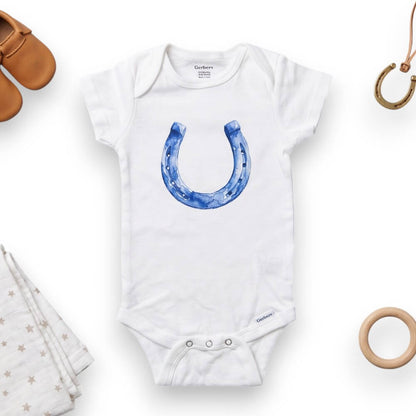 White baby onesie with blue horseshoe design on a white background