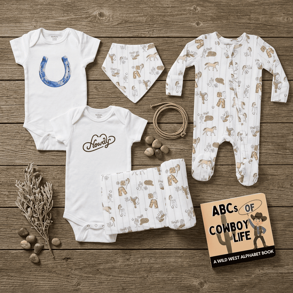 Baby clothing and accessories on a wooden surface with a book titled 'ABCs of Cowboy Life'.