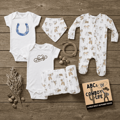 Baby clothing and accessories on a wooden surface with a book titled 'ABCs of Cowboy Life'.