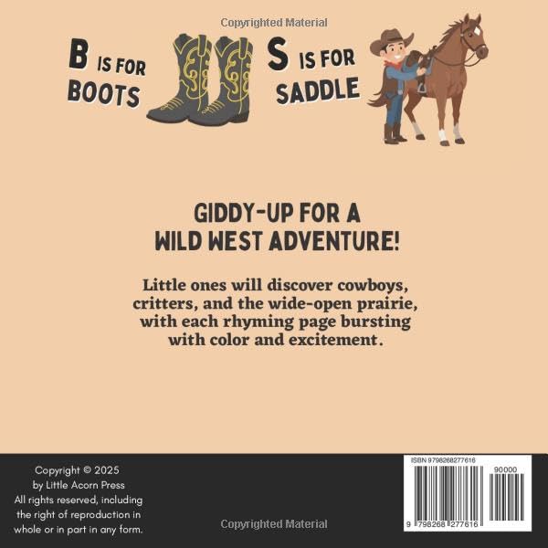 Back cover of a children's book with cowboy-themed illustrations and text.