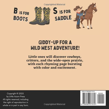 Back cover of a children's book with cowboy-themed illustrations and text.