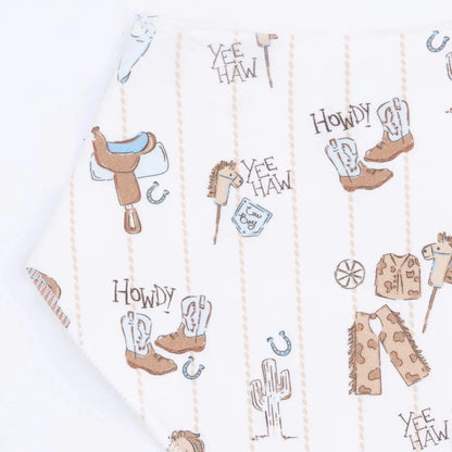 Pattern of cowboy-themed illustrations with text on a white background